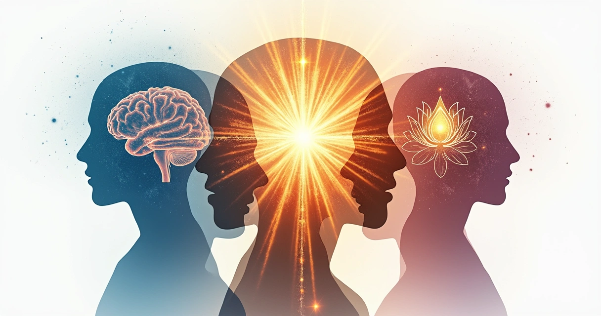 Várias silhuetas humanas sobrepostas mostrando aspectos emocionais, mentais e espirituais.