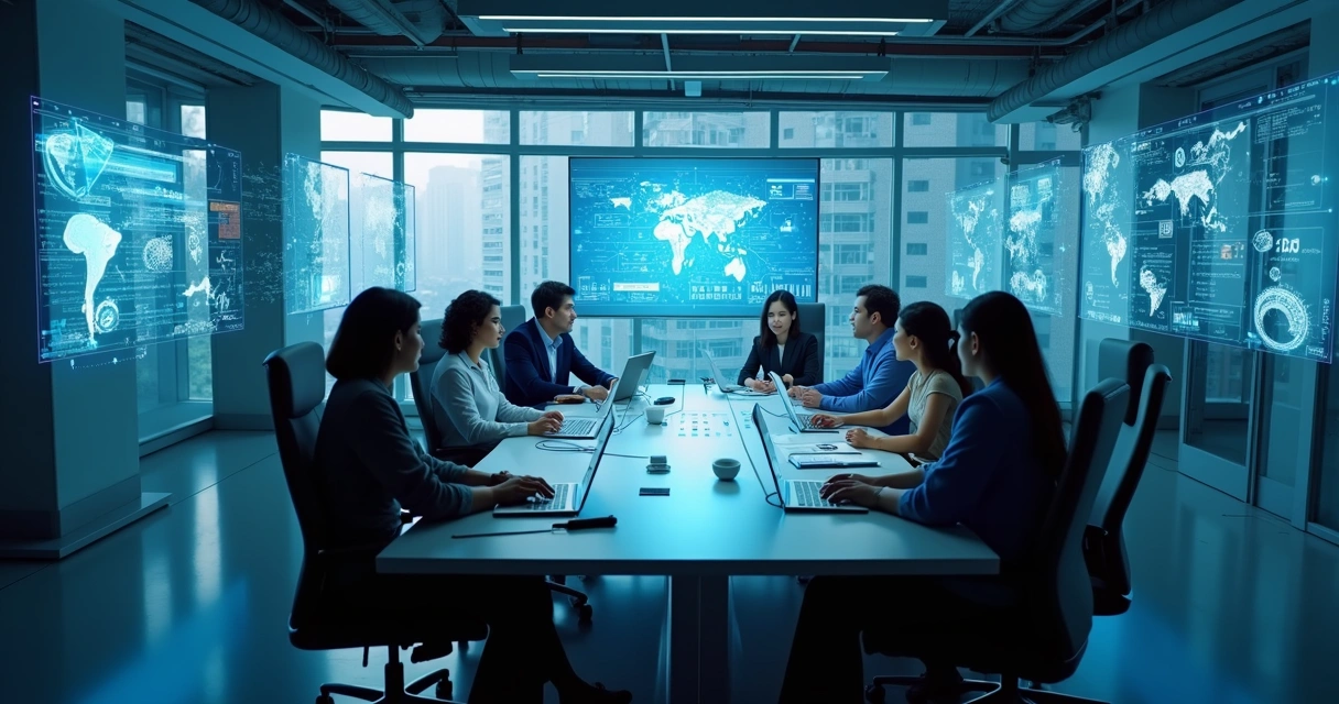 Equipe reunida com vários robôs digitais ao redor da mesa 