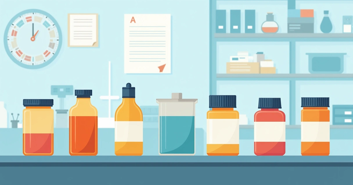 Tratamento das MNT: esquemas antimicrobianos e papel da cirurgia 2 Frascos de antibióticos de diferentes cores alinhados em bancada de laboratório.