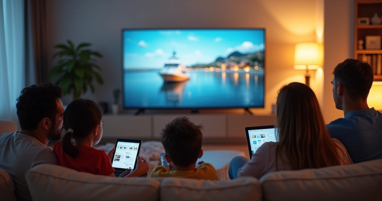 Família usando celular, tablet e TV para assistir streaming 