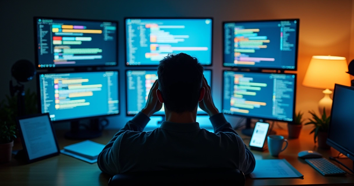 Pessoa olhando para várias telas digitais simultaneamente