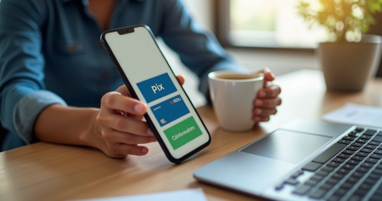 Variedade de meios de pagamento em tela de celular com Pix, cartão e boleto ao lado de laptop de PME