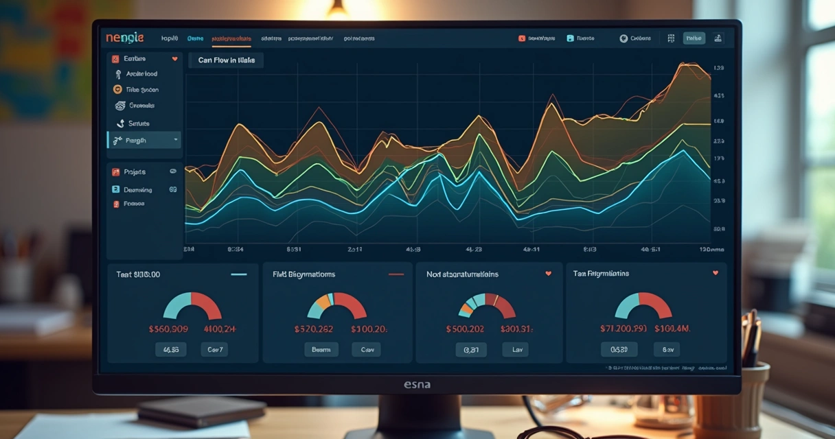 Tela de computador com gráfico de fluxo de caixa mostrando vários projetos simultâneos. 