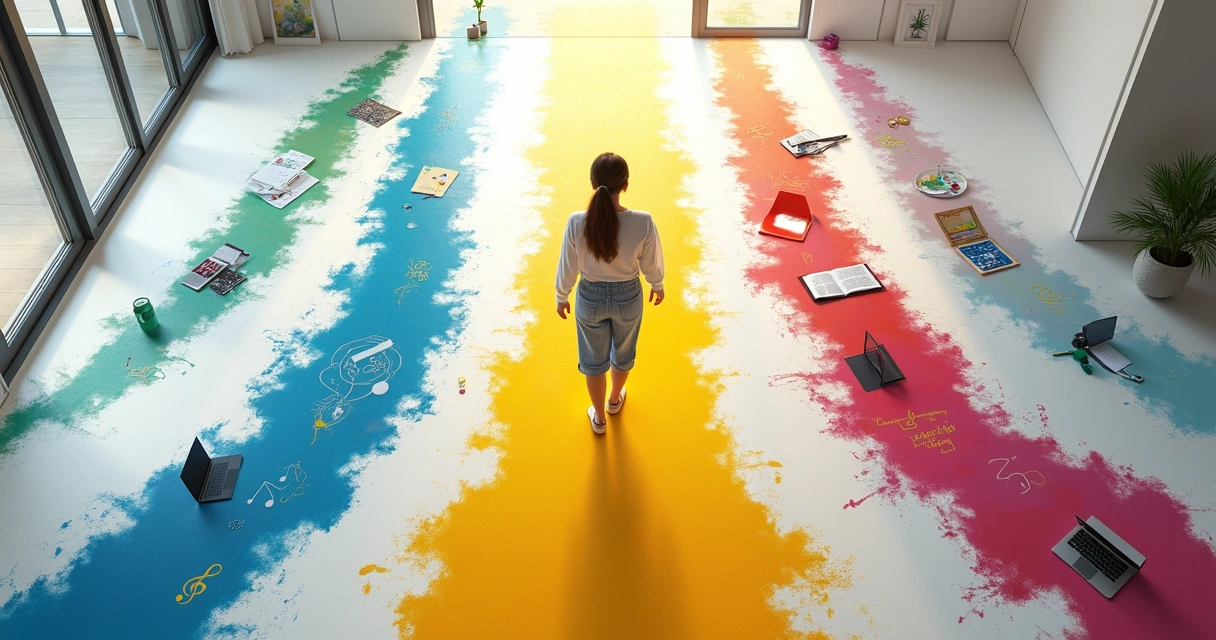 Pessoa caminhando sobre caminhos coloridos que se unem em um só 