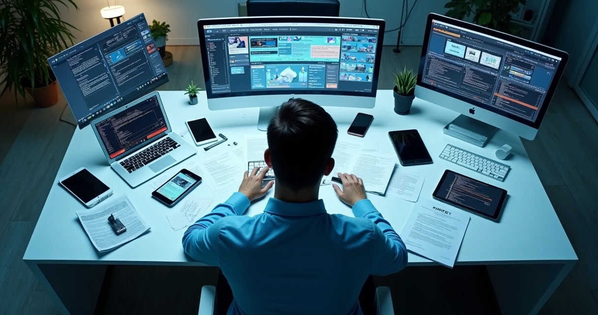 Pessoa de frente a vários dispositivos eletrônicos, diversos papéis e alertas digitais na tela 