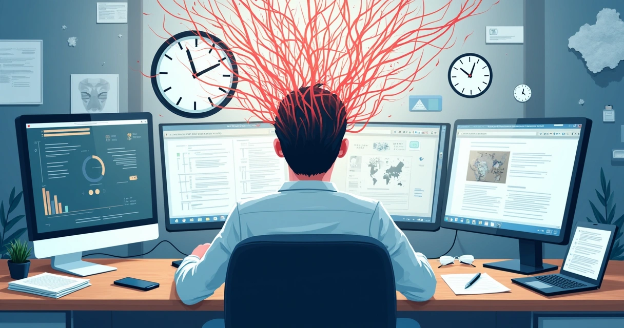 Ilustração de uma pessoa cercada por telas e dispositivos, com elementos gráficos que representam confusão mental 