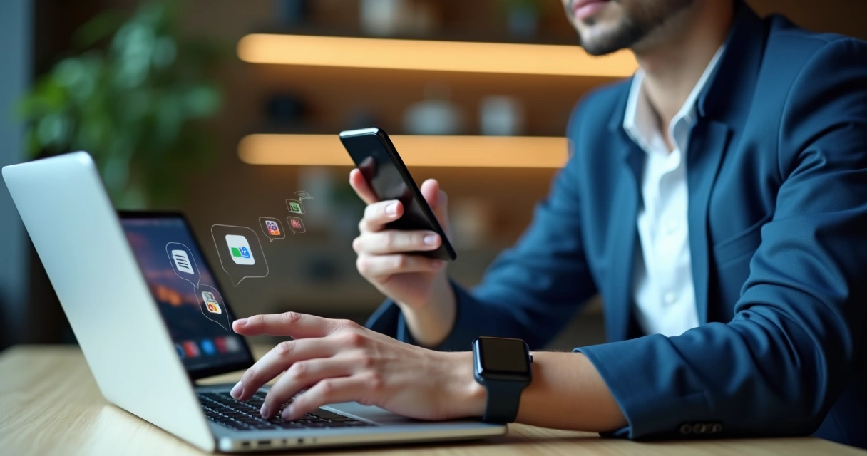 Pessoa sentada em frente a um notebook, manipulando vários dispositivos digitais ao mesmo tempo 