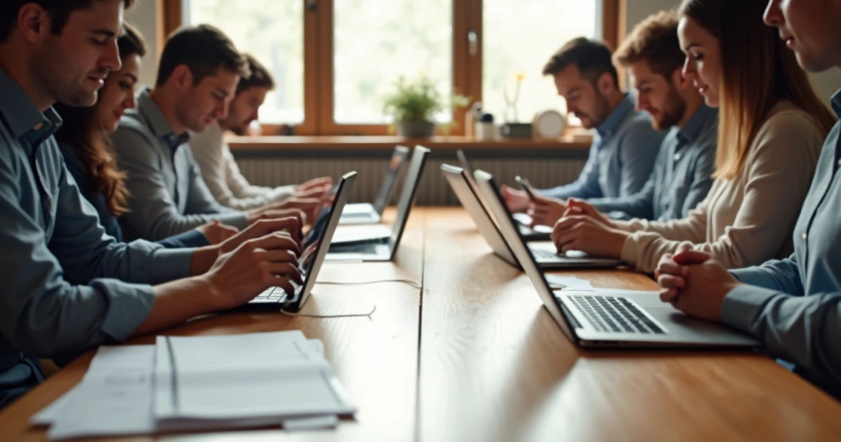Pessoas olhando para celulares e computadores apoiados em uma mesa, envolvidas em várias tarefas. 