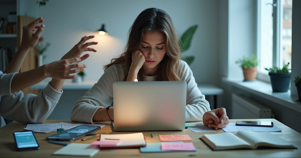 Overwhelmed person surrounded by digital devices and blurred tasks 