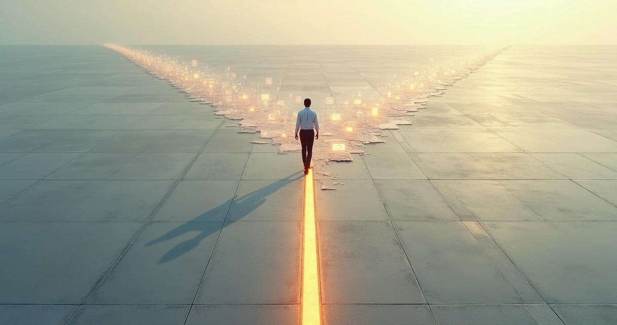 Person walking on a split path where one side blurs into overwhelm and the other side stays clear and focused 