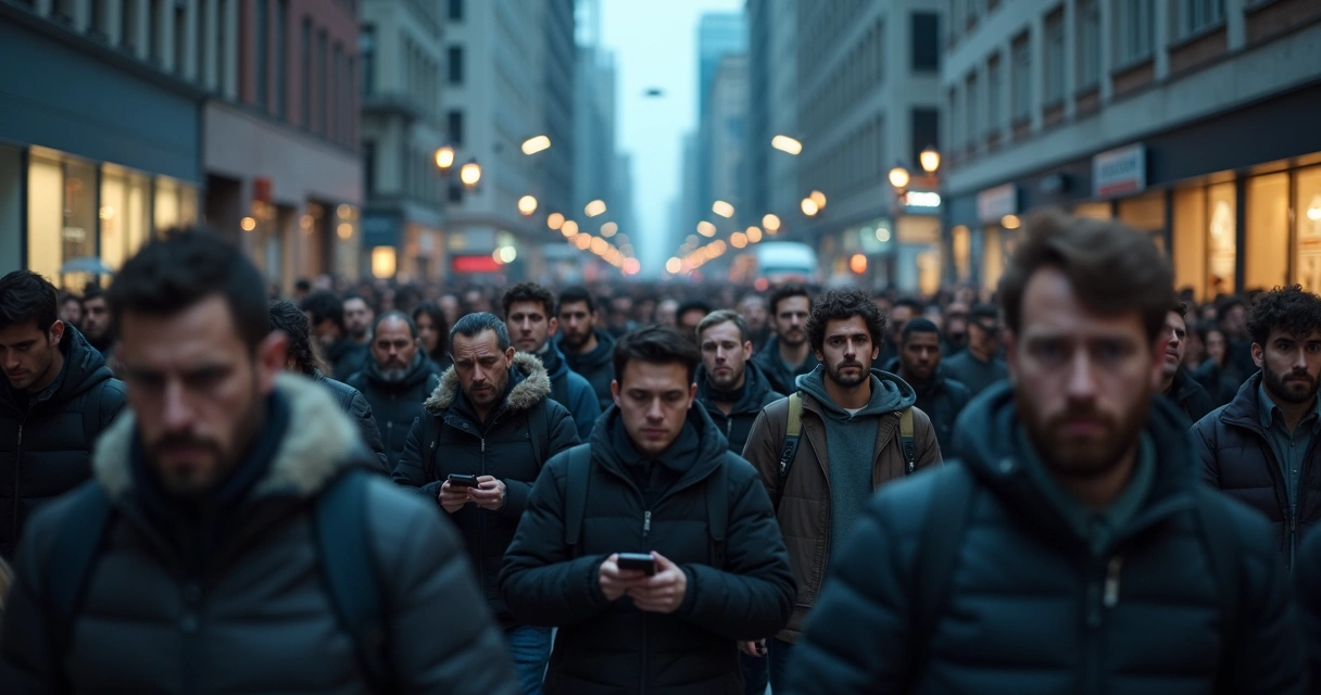 Multitud caminando en ciudad bajo luces frías con gesto de tensión y miedo compartido 