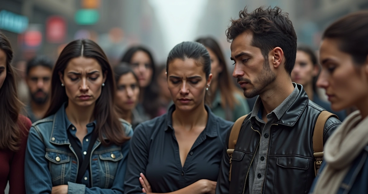 Grupo de personas con gestos serios compartiendo emociones en ambiente urbano 