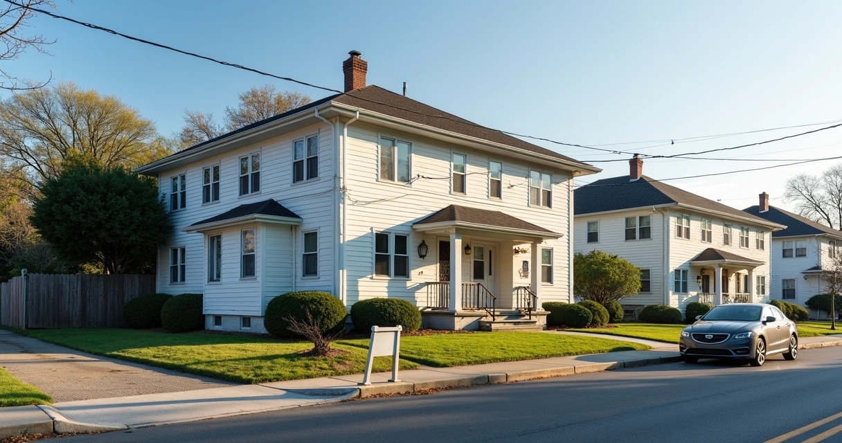 Two-story multi-unit home with for sale sign 