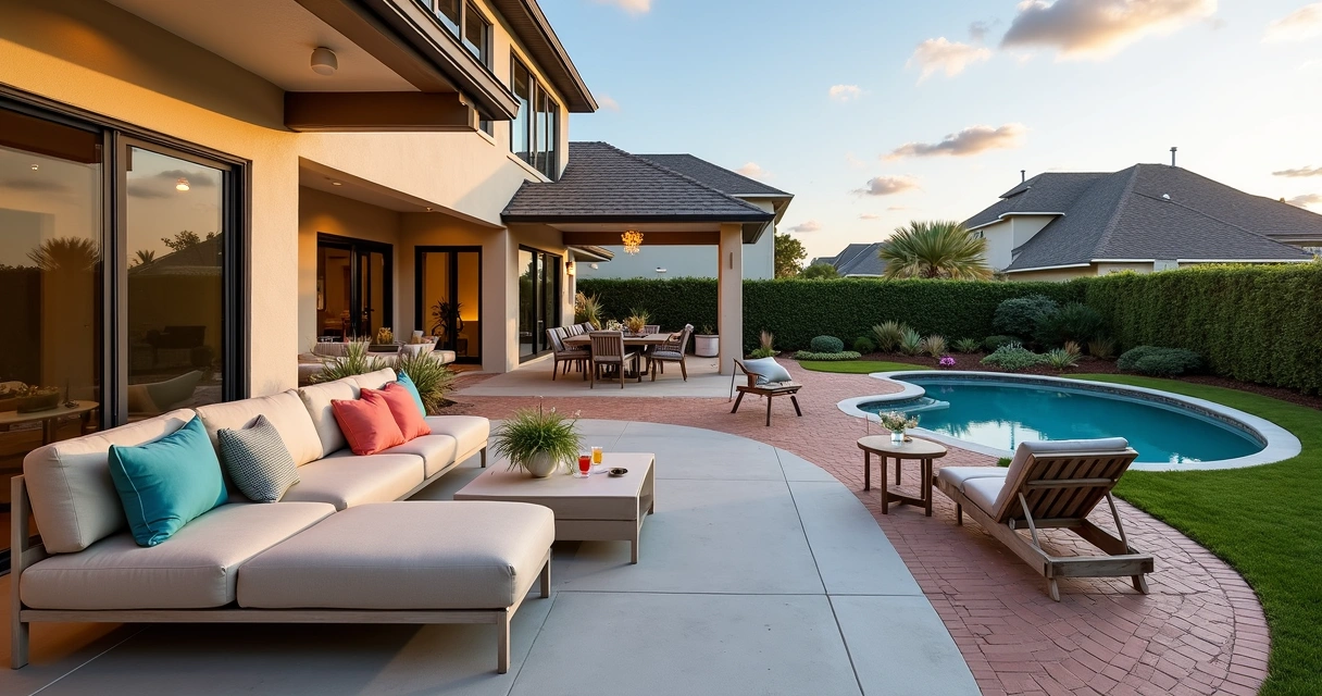 Colorful multi-zone patio seating setup on a concrete and paver terrace 