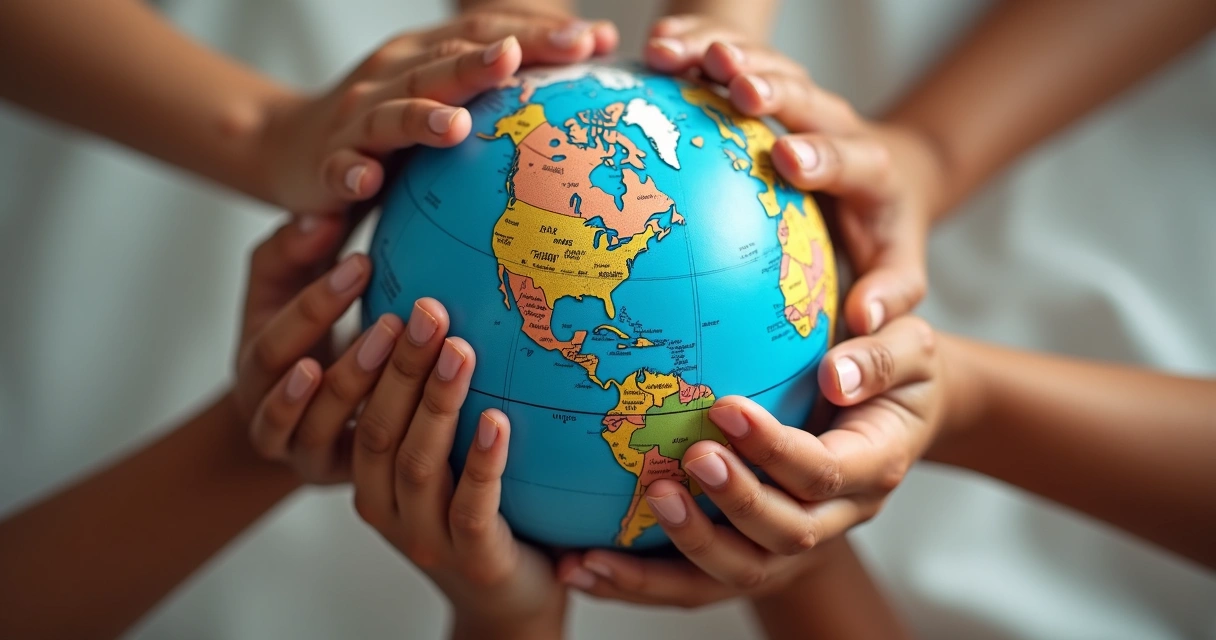 Várias mãos segurando um globo terrestre 