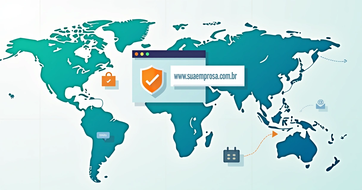 Mapa digital do mundo com ícones de domínios de sites e cadeado de segurança 
