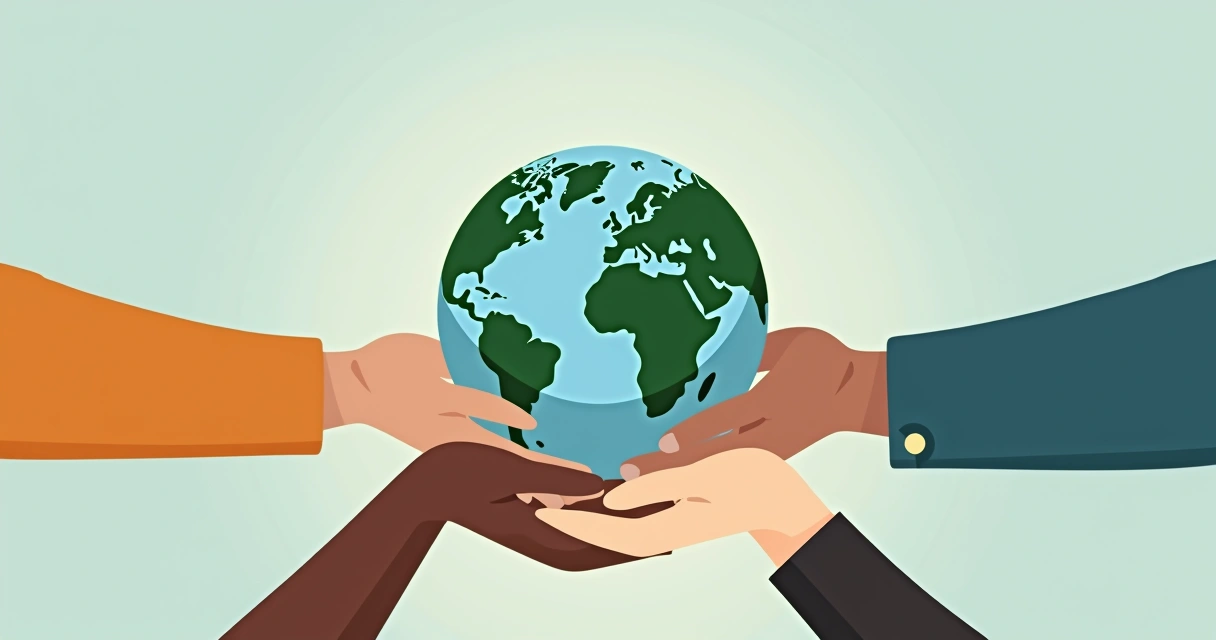 Ilustração com planeta Terra equilibrado nas mãos de várias pessoas conectadas. 