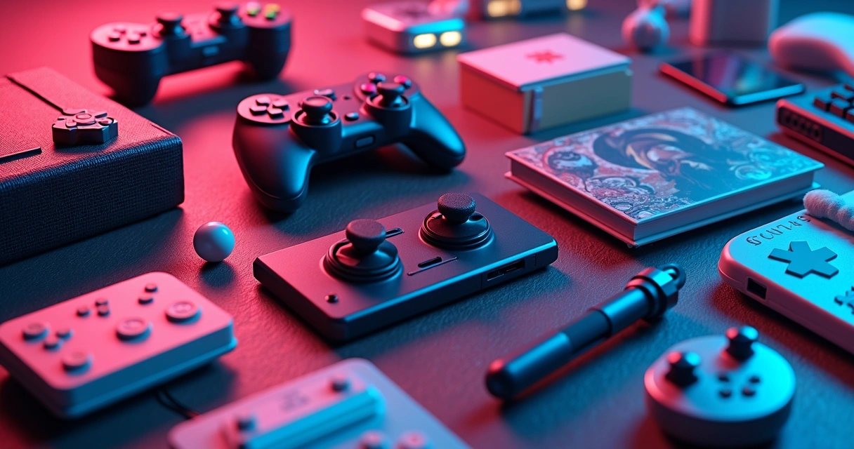 Colagem de objetos geeks e tecnológicos em fundo colorido 