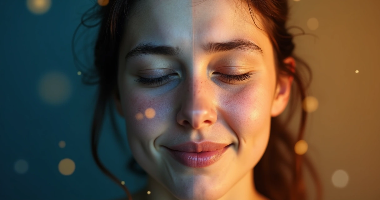 Representação artística de um rosto dividido entre tristeza e abertura emocional 