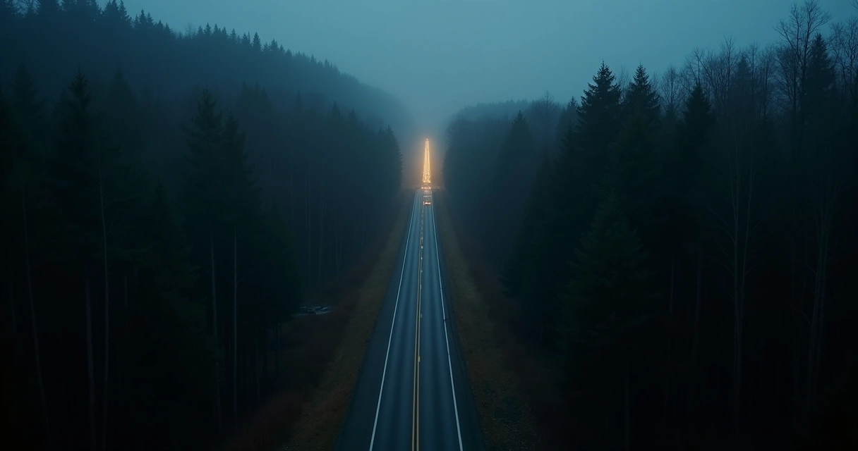Estrada escura vista de cima, luzes difusas e sensação de alerta 