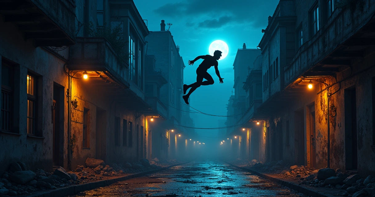 Um sobrevivente saltando entre os telhados em uma cidade pós-apocalíptica à noite, com zumbis nas sombras e sobreviventes ao fundo.