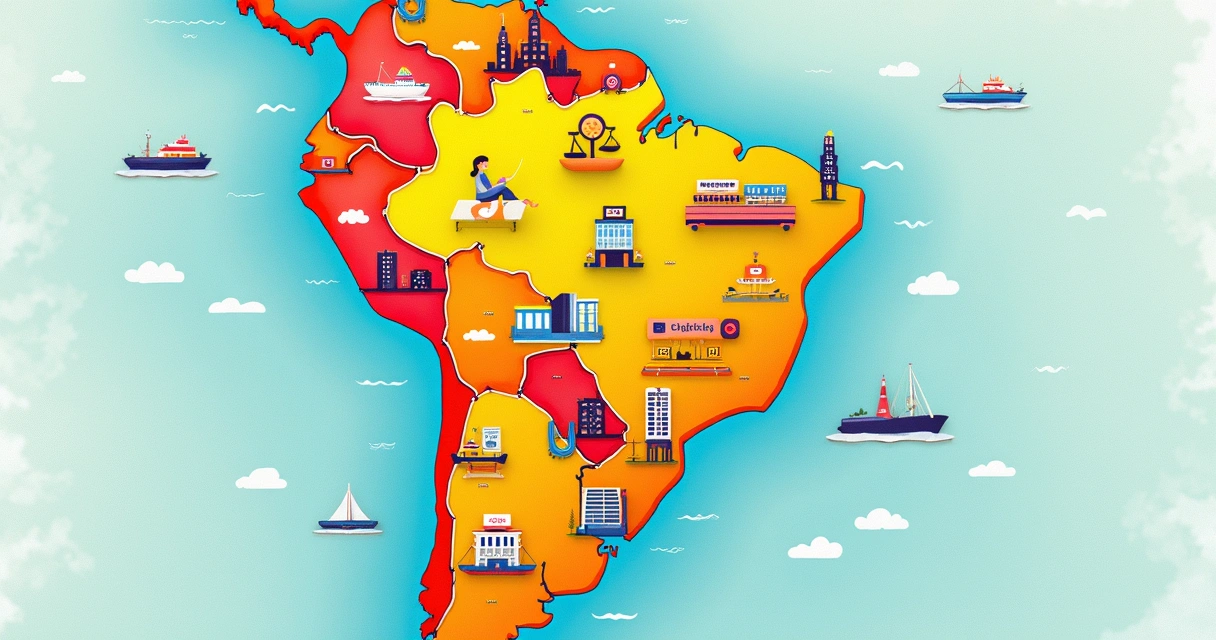 Mapa colorido de municípios do Brasil com ícones de serviços e lojas 