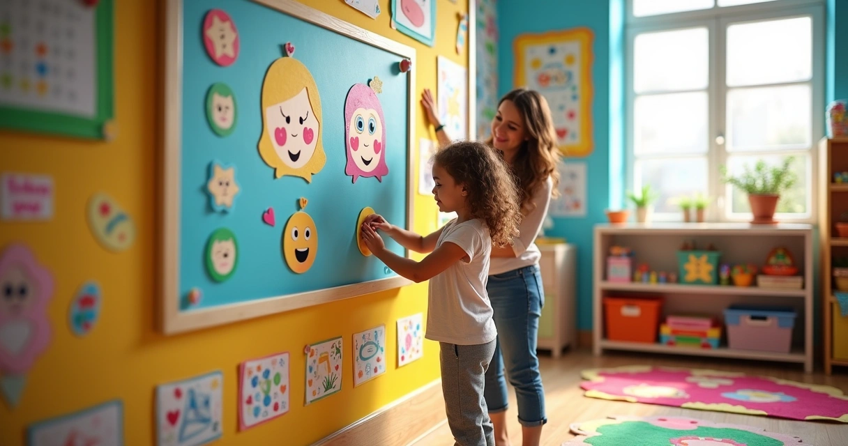 Criança escolhendo emoções em mural colorido numa sala de aula infantil 