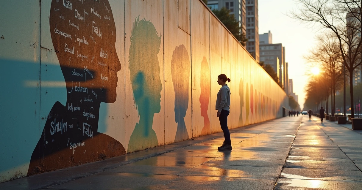 Persona observando un mural urbano que muestra transformación de autocrítica a autoaceptación 