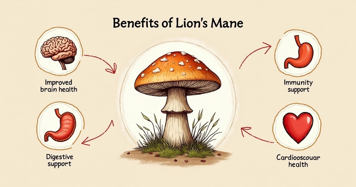Mural ilustrado dos benefícios do cogumelo Lion’s Mane