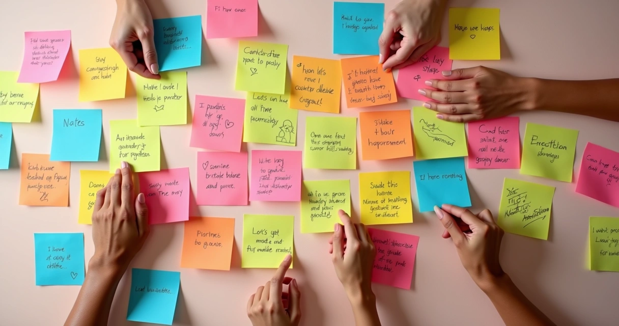 Mural de post-its coloridos com mensagens de apoio à neurodiversidade 