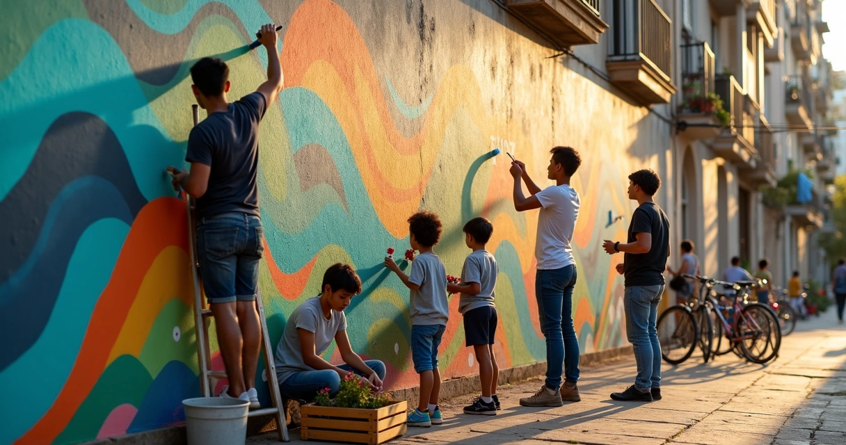 Moradores pintando mural colorido sobre emoções em rua de bairro urbano 