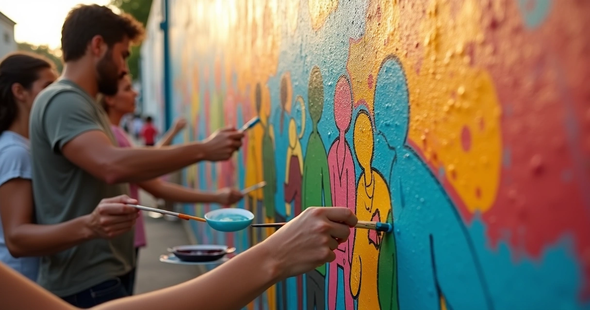 Manos pintando un mural comunitario en una pared