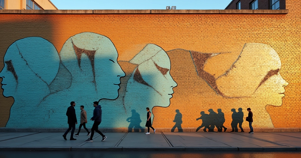 Mural urbano mostrando rostros conectados y grietas que simbolizan mitos de la conciencia colectiva 
