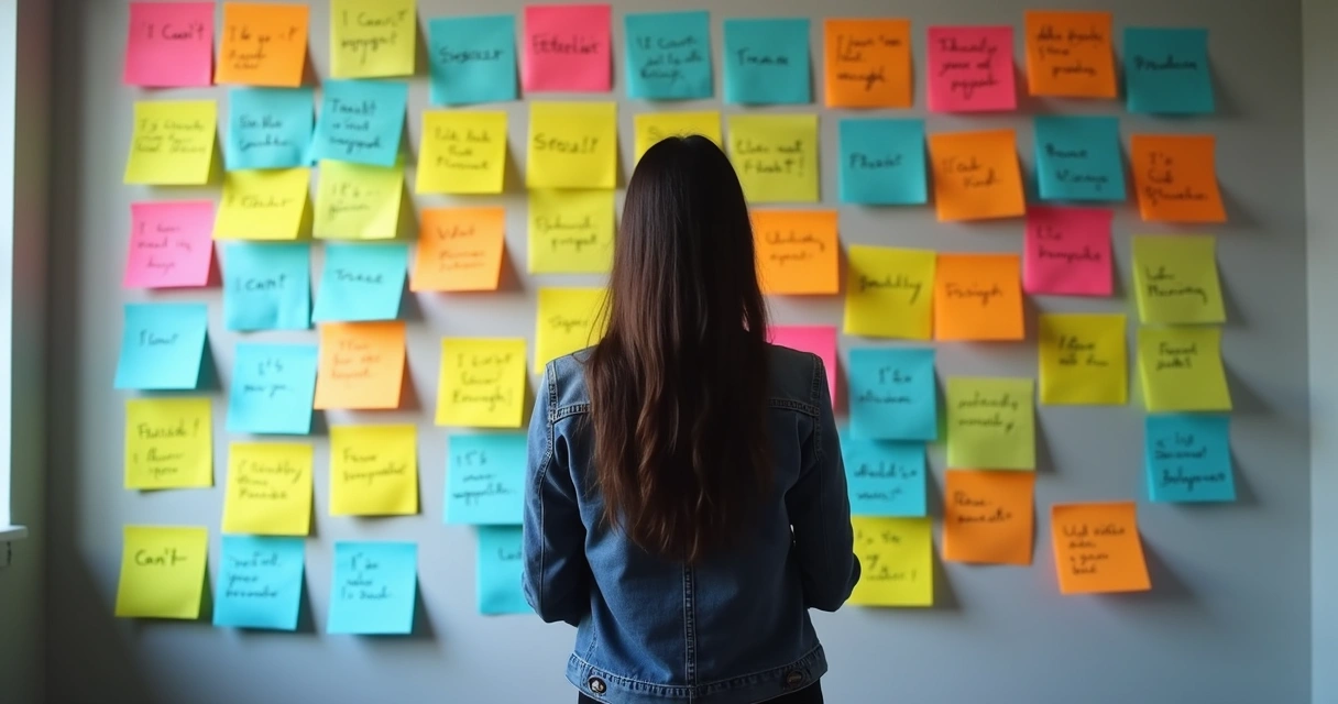 Pessoa diante de mural com palavras negativas escritas em papéis 