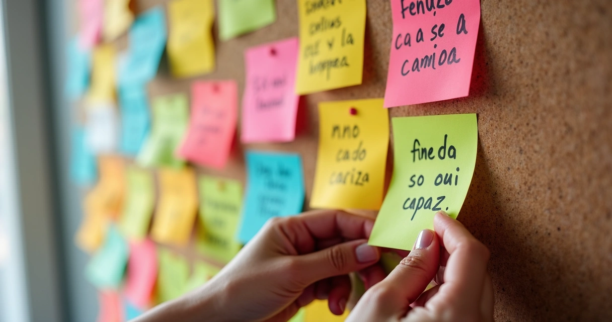 Painel com frases motivacionais ao lado de bilhetes de crenças limitantes 