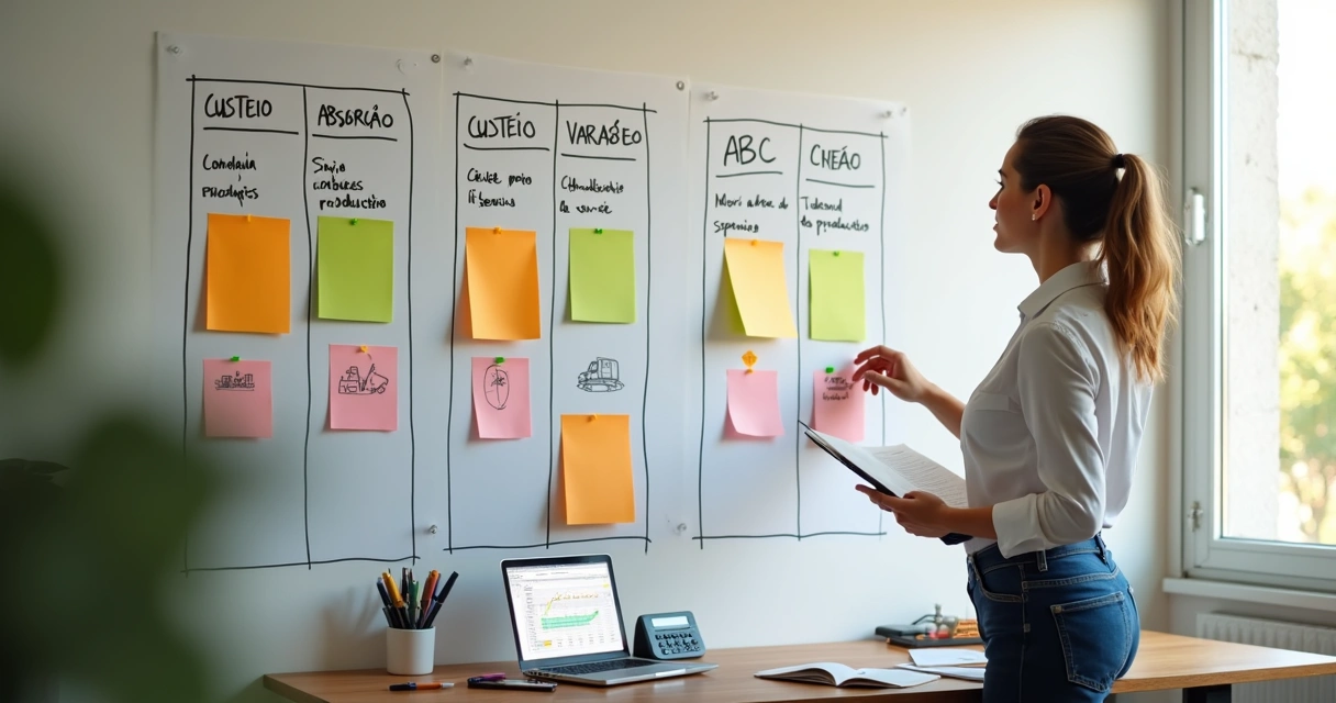 Empreendedora organiza mural colorido com categorias de custos na parede 