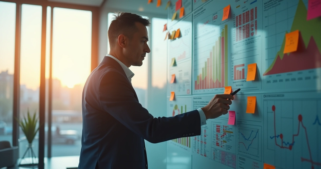 Executivo analisa mural com dados e indicadores em ambiente corporativo. 