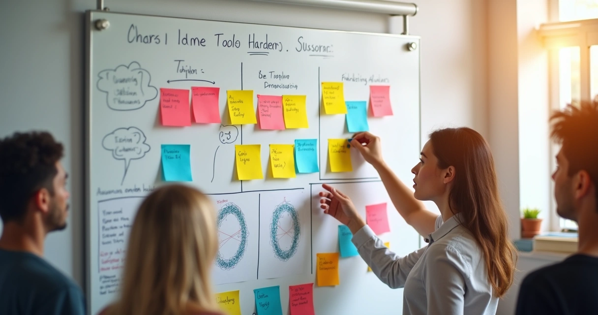 Quadro branco com post-its coloridos organizados em colunas