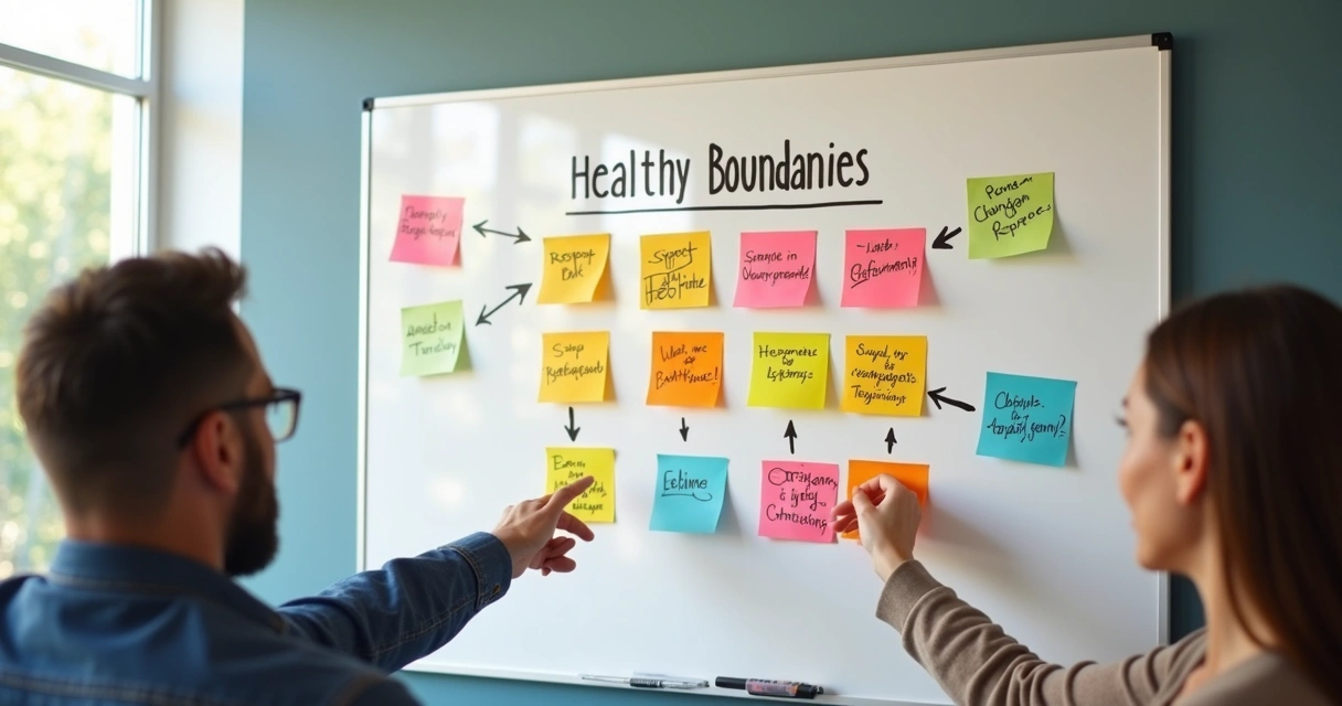 Quadro branco em uma sala de reunião com post-its coloridos representando diferentes exemplos de limites saudáveis, setas e palavras escritas como 'respeito' e 'autoestima' ao redor 
