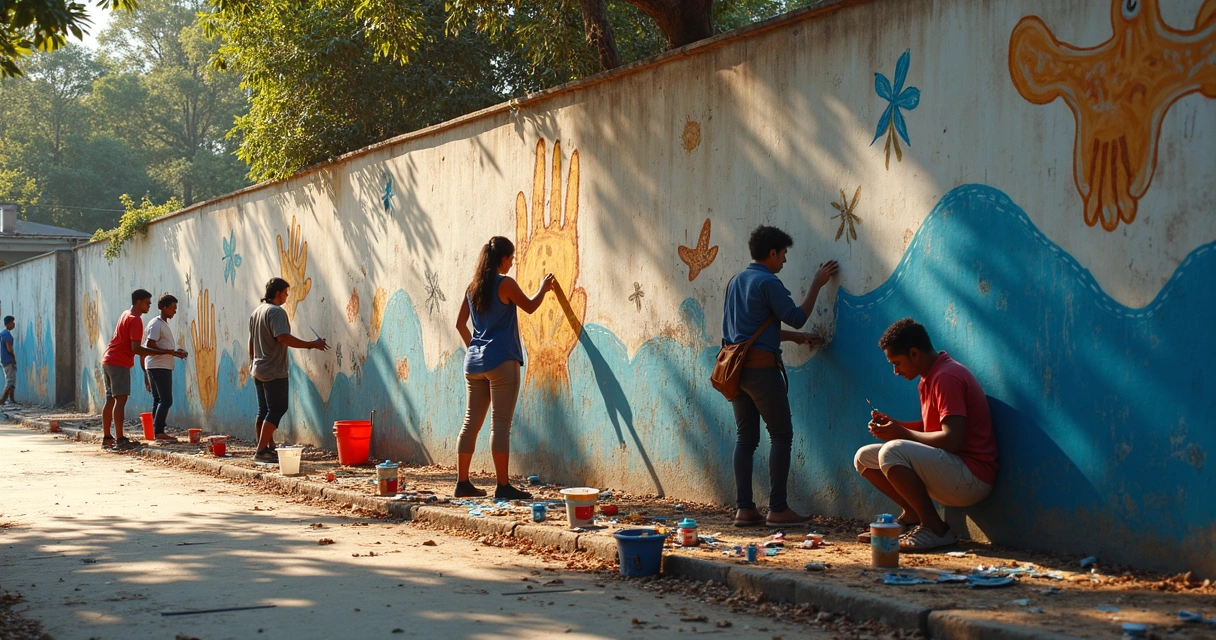 Mural comunitario con manos y recuerdos compartidos