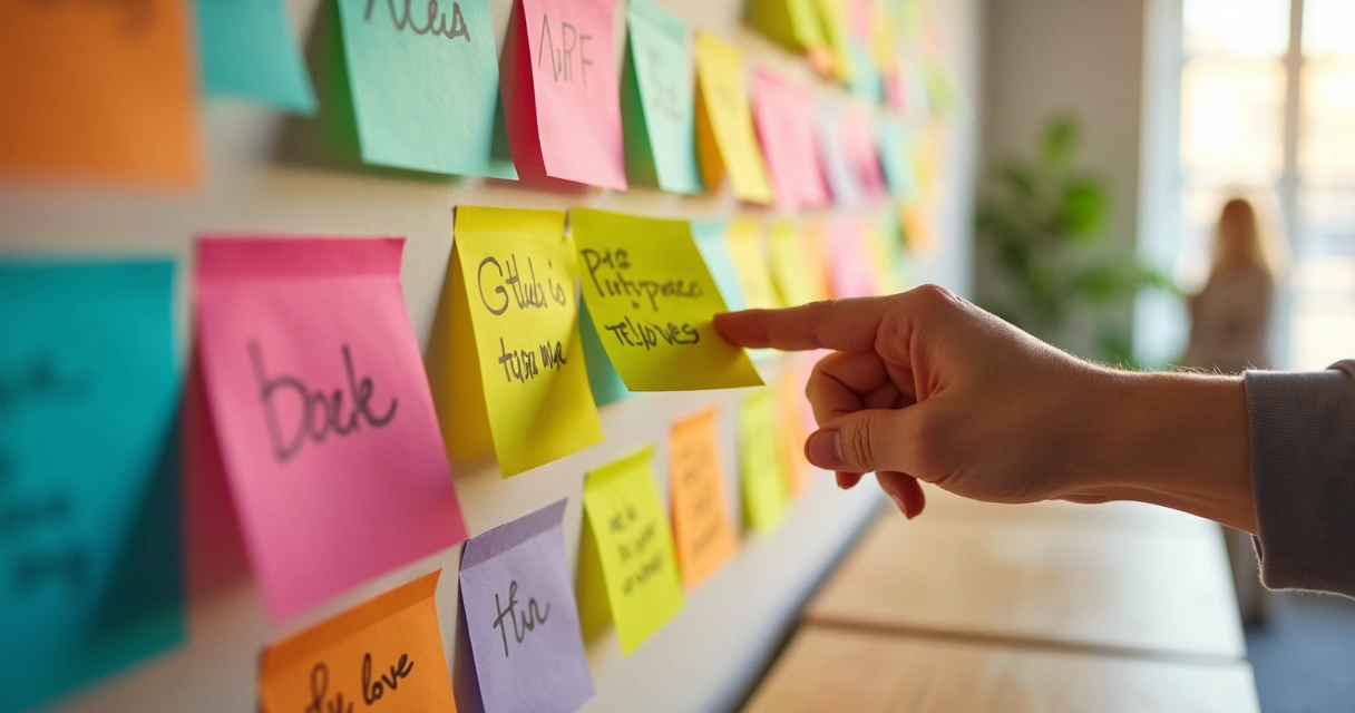 Mural de post-its coloridos, mão feminina colando um bilhete 