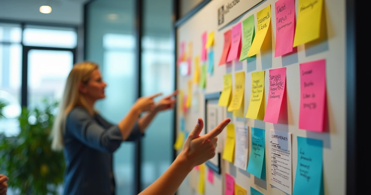 Mural de conquistas de equipe com recados e anotações coloridas 