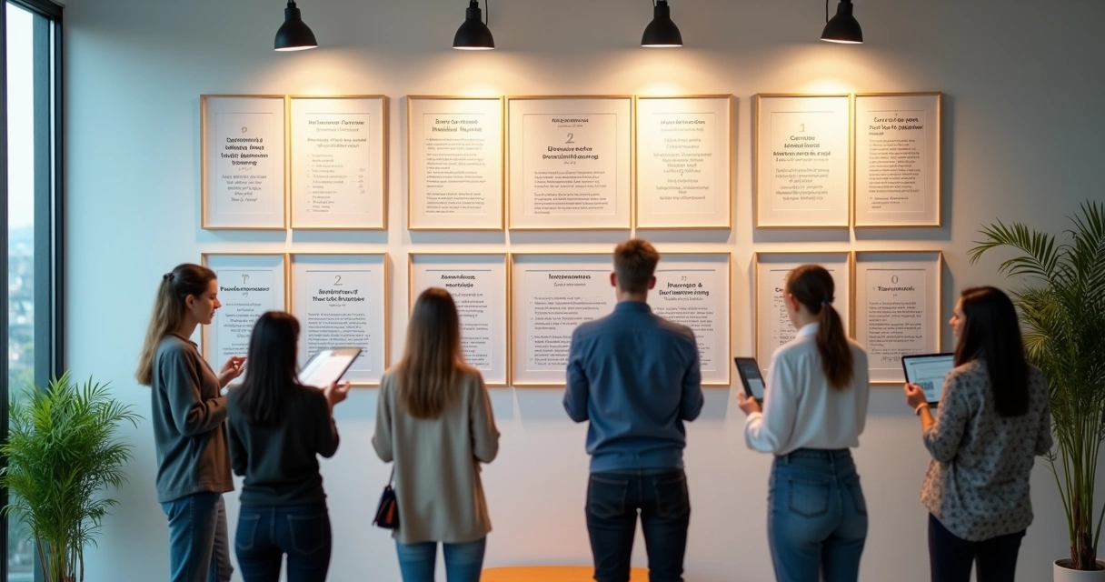 Painel de valores organizacionais em parede clara, com frases positivas e pessoas observando 