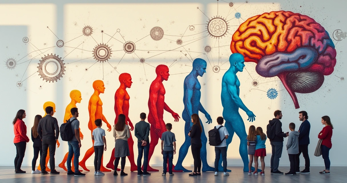 Mural com pessoas olhando para desenhos de evolução humana, engrenagens e conexões