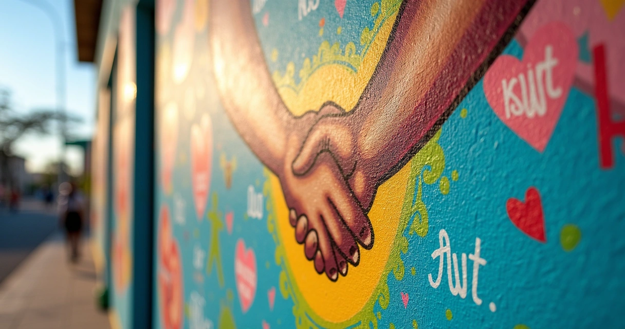 Mural colorido com mensagens positivas sobre diálogo e dignidade.