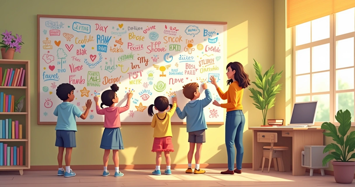 Crianças colando desenhos em mural colorido na parede 