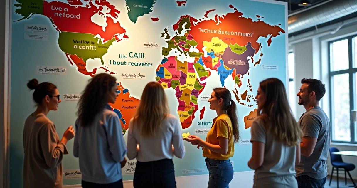 Colaboradores interagindo diante de mural com mensagens de diversidade 