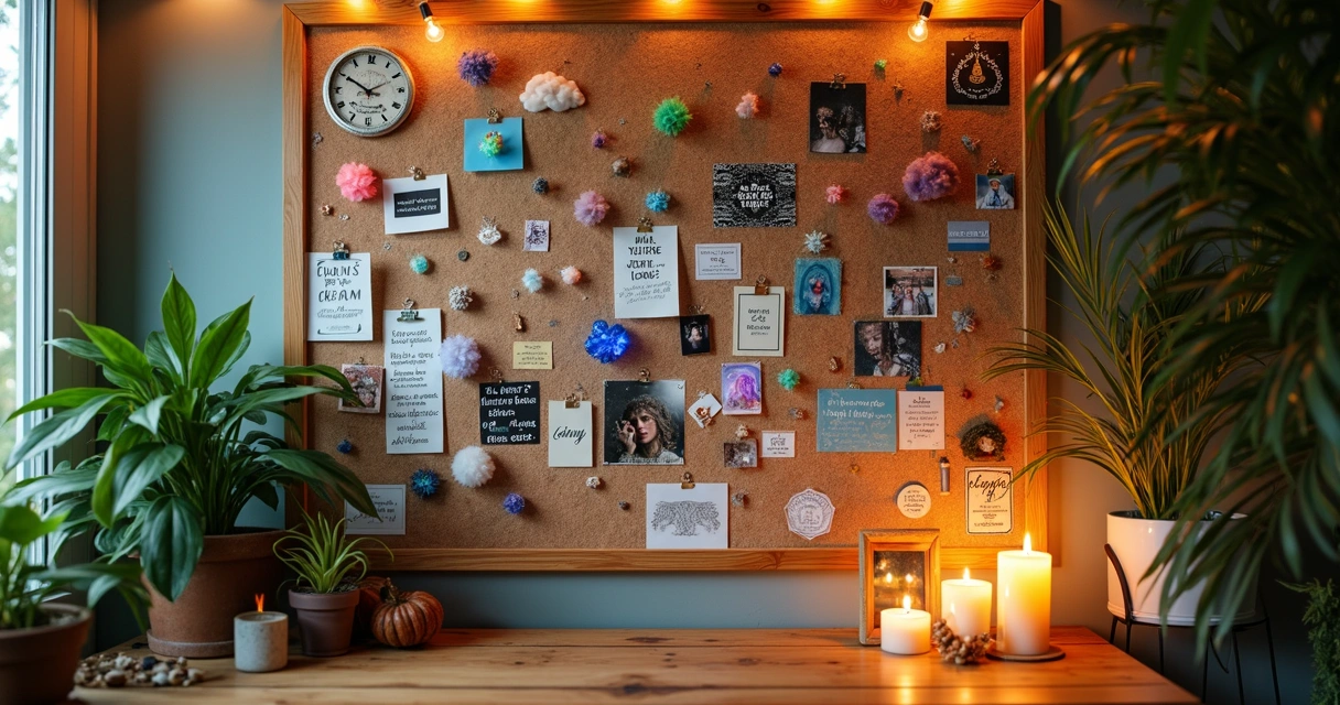 Painel de mural de energia com imagens e cristais em ambiente aconchegante 