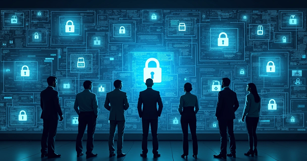 Equipe técnica analisando mural digital de dados criptografados 