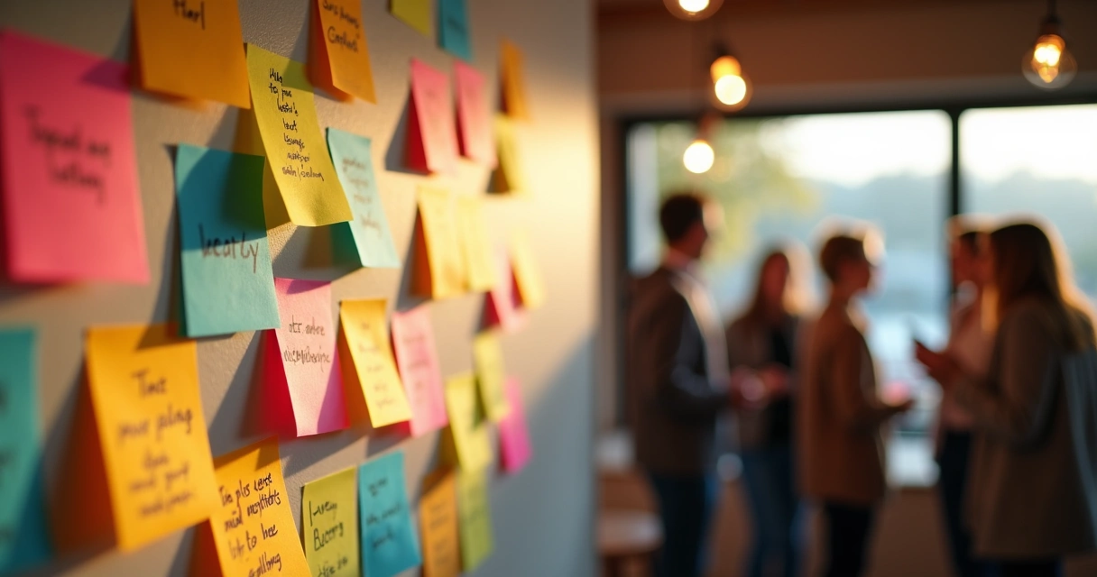Mural com post-its coloridos e pessoas em pé conversando 